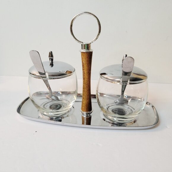 MCM Shelton Ware USA Chrome Condiment Caddy Glass Wood Set - Picture 3 of 6